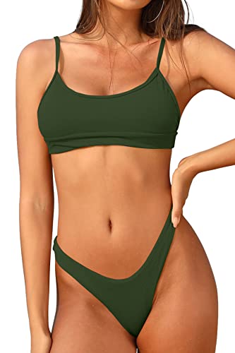 SHEKINI Damen Bandeau Bikini Set Gerippt 2 Teiliger Monkini Spaghettiträger Gepolstert Bikini Oberteil Low Waist Tanga High Cut Bikinihose für Frauen Rückenfrei Strandmode von SHEKINI