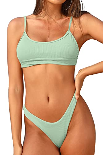 SHEKINI Damen Bandeau Bikini Set Gerippt 2 Teiliger Monkini Spaghettiträger Gepolstert Bikini Oberteil Low Waist Tanga High Cut Bikinihose für Frauen Rückenfrei Strandmode von SHEKINI