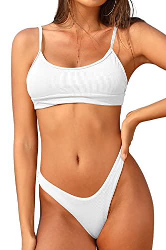 SHEKINI Damen Bandeau Bikini Set Gerippt 2 Teiliger Monkini Spaghettiträger Gepolstert Bikini Oberteil Low Waist Tanga High Cut Bikinihose für Frauen Rückenfrei Strandmode von SHEKINI