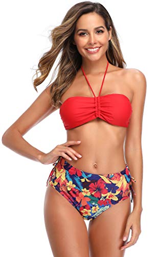 SHEKINI Damen Bandeau Bikini Set Neckholder Bikinioberteil Rückenfrei High Waist Drucken Cut Out Bikinihose Bikinis Badebekleidung Strandbekleidung (Small, Rot) von SHEKINI