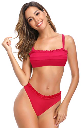 SHEKINI Damen Bandeau Bikini Set Raffungen Bikini Oberteil Verstellbar Zweiteiliger Badeanzug Bikinihose Triangel Bademode (E-Ahornblatt Rot, M) von SHEKINI