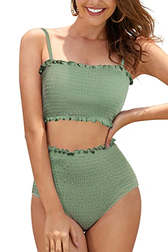SHEKINI Damen Bikini Set Texturierte Bandeau Crop Top Bikinioberteil High Waist Bauchweg Bikinihose Ruched Zweiteiliger Badeanzug Strandmode (Large, Olivgrün) von SHEKINI