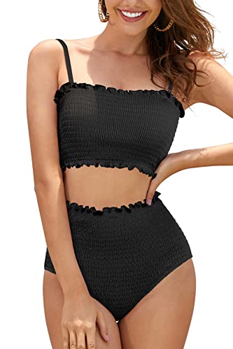 SHEKINI Damen Bikini Set Bandeau Bikinioberteil High Waist Bauchweg Bikinihose Ruched Zweiteiliger Badeanzug Strandmode（M, Schwarz） von SHEKINI