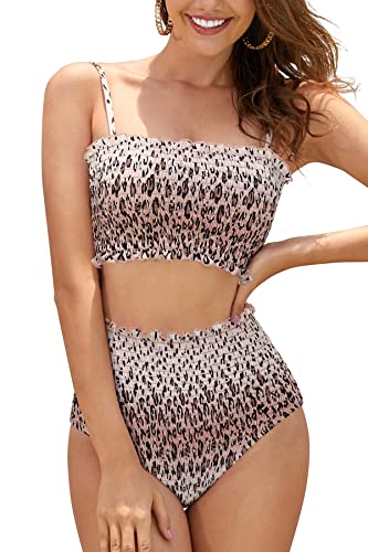 SHEKINI Damen Bikini Set Texturierte Bandeau Crop Top Bikinioberteil High Waist Bauchweg Bikinihose Ruched Zweiteiliger Badeanzug Strandmode（S, Leopard B） von SHEKINI
