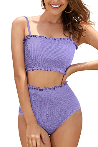 SHEKINI Damen Bikini Set Texturierte Bandeau Crop Top Bikinioberteil High Waist Bauchweg Bikinihose Ruched Zweiteiliger Badeanzug Strandmode（M, Taro Lila） von SHEKINI
