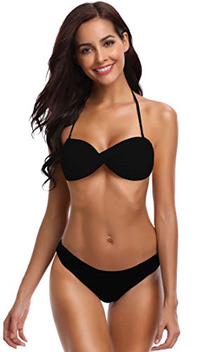 SHEKINI Damen Bandeau Bikini Set Elegant Twisted Design Bikinioberteil Niedrige Taille Print Bikinihose Zweiteiliger Badeanzug（M，Schwarz-S） von SHEKINI