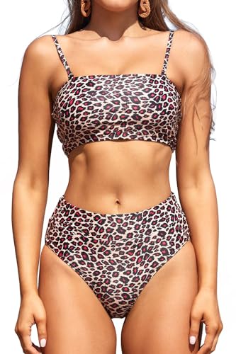 SHEKINI Damen Bikini Set Bandeau Abnehmbar verstellbar Schnürung Bikinioberteil Zweiteiliger Badeanzug mit High Waist Bauchweg Bikinihose Bademode（L，Leopard） von SHEKINI