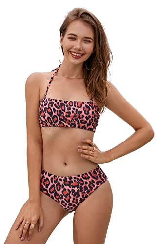 SHEKINI Damen Bandeau Neckholder Bikini Set Abnehmbar Träger Gepolstert Badeanzug High Waist Bikinihose Hoher Schnitt Strandkleidung（S，Rot Leopard） von SHEKINI