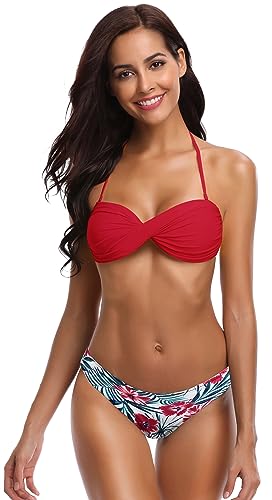 SHEKINI Damen Bandeau Bikini Set Elegant Twisted Design Bikinioberteil Niedrige Taille Print Bikinihose Zweiteiliger Badeanzug（XL，Rot） von SHEKINI