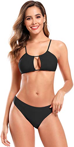 SHEKINI Damen Bandeau Strand Bikini Set Sexy Hollow Oberteil High Cut Schwarz Hose Gepolsterte Einlagen Rückenfrei Bikinis von SHEKINI