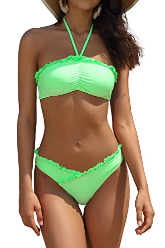 SHEKINI Damen Bandeau Zweiteiliger Bikini Neckholder Rüschen Bademode Cross V-förmige Bikini Bottom Große Größen Badebekleidung Gepolstert Strandbikini (Fluoreszierendes Grün, XL) von SHEKINI