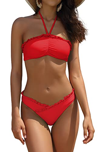 SHEKINI Damen Bandeau Zweiteiliger Bikini Neckholder Rüschen Bademode Cross V-förmige Bikini Bottom Große Größen Badebekleidung Schulterfrei Gepolstert Strandbikini (Rot, S) von SHEKINI