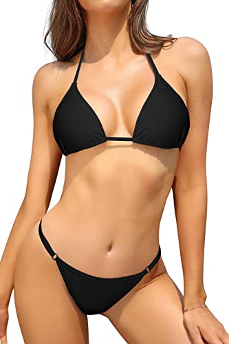 SHEKINI Damen Bikini Set Klassischer Triangel Rückenfrei Bikinioberteil Verstellbare Bademode Brasilianer Niedrige Taille Tanga Bikinihose Zweiteiliger Badeanzug(S,Schwarz) von SHEKINI