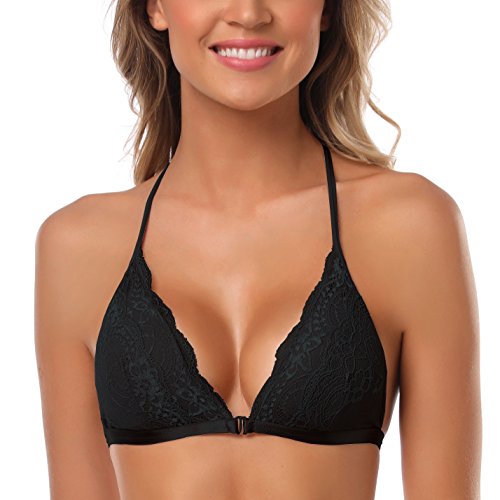 SHEKINI Damen Bestickter Dreieck BH Front Closure Plunge Wireless Lightly Lined Lace Bralette Top, Schwarz, X-Large von SHEKINI