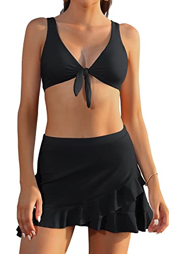 SHEKINI Damen-Bikini, mit Knoten, Rüschenrock, integrierter zweiteiliger Badeanzug, schwarz, Large von SHEKINI