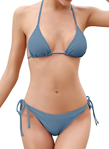 SHEKINI Bikini Damen Set Sexy Klassischer Triangel Rückenfrei Bikinioberteil Verstellbare Zweiteiliger Badeanzug Niedrige Taille Ruched Bikinihose für Frauen（S, Feenhaft Blau） von SHEKINI