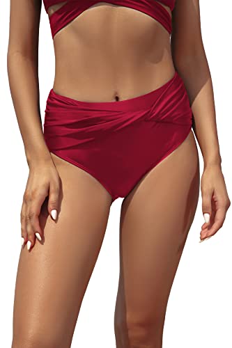 SHEKINI Damen Bikini Hose Elegant Bauchweg High Waist Schwarz Bikinihose Verdrehte Elastische Ruched Klassische Badeanzug Badehose Große Größe（L，Weinrot） von SHEKINI