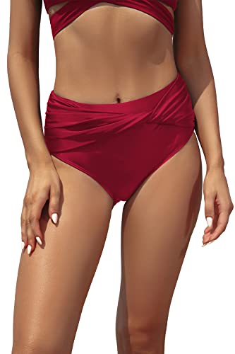 SHEKINI Damen Bikini Hose Elegant Bauchweg High Waist Schwarz Bikinihose Verdrehte Elastische Ruched Klassische Badeanzug Badehose Große Größe（S，Weinrot） von SHEKINI