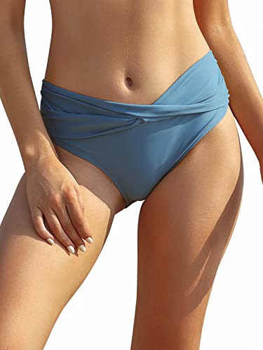 SHEKINI Damen Bikinihose Retro Ruched Bauchweg Klassisch Schwarze Badehose Strandhose Grosse Grössen für Frauen (L, Fairy Blau) von SHEKINI