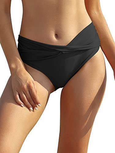 SHEKINI Damen Bikinihose Retro Ruched Bauchweg Klassisch Schwarze Badehose Strandhose Grosse Grössen für Frauen (Medium, Schwarz) von SHEKINI