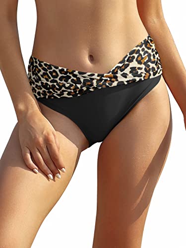 SHEKINI Damen Bikinihose Retro Ruched Bauchweg Klassisch Schwarze Badehose Strandhose Grosse Grössen für Frauen (S, Schwarzer Leopard) von SHEKINI