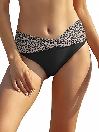 SHEKINI Damen Bikinihose Retro Ruched Bauchweg Klassisch Schwarze Badehose Strandhose Grosse Grössen für Frauen (S, Schwarzer-Lotus Farbe Leopard) von SHEKINI