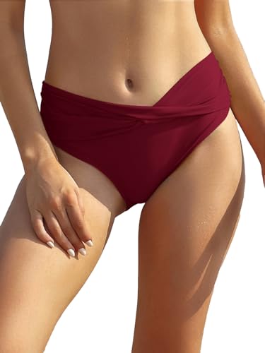 SHEKINI Damen Bikinihose Retro Ruched Bauchweg Klassisch Schwarze Badehose Strandhose Grosse Grössen für Frauen (Small, Weinrot) von SHEKINI