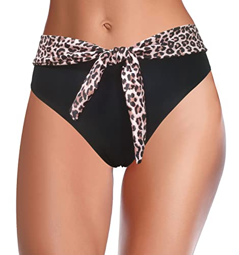 SHEKINI Damen Bikini Hosen Retro Bauchweg Bikinihose High Waist Badeshorts Abdominal Kontrolle Elegant Verstellbarer Dekoration Badehose（L, Schwarz - Leopard） von SHEKINI