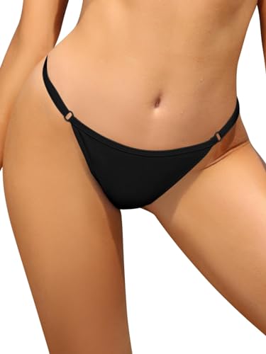 SHEKINI Damen Bikini Klassischer Verstellbare Bademode Brasilianer Niedrige Taille Tanga Bikinihose Badeanzug（S, Bikini Bottom-schwarz） von SHEKINI