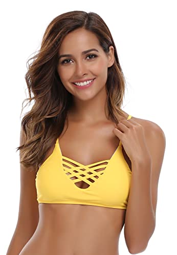 SHEKINI Damen Bikini Oberteil Crossover Cutout Badeanzug Strandbikini (S,Gelb-Bikini Top) von SHEKINI