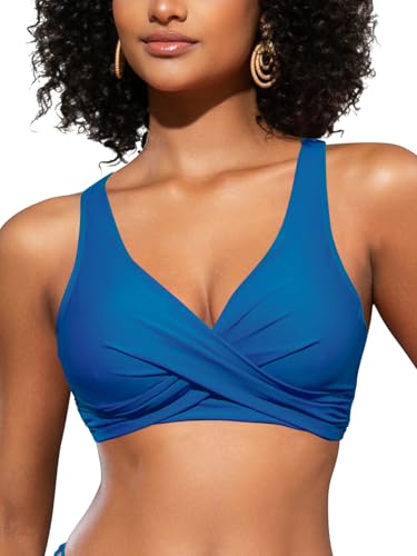 SHEKINI Damen Bikini Oberteil Crossover Plissee Rückenfrei Push Up Verstellbar V-Ausschnitt Strandkleidung（XL，Blau-A） von SHEKINI