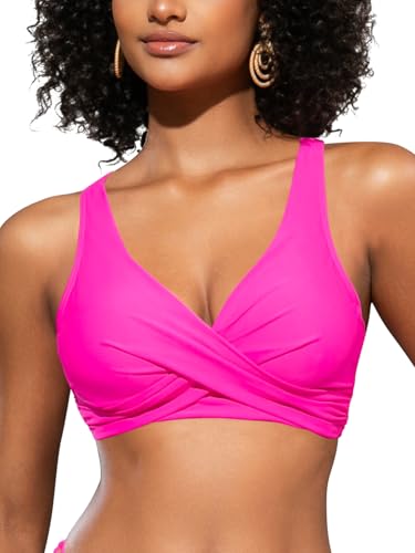 SHEKINI Damen Bikini Oberteil Crossover Plissee Rückenfrei Push Up Verstellbar V-Ausschnitt Strandkleidung（XL，Rosa） von SHEKINI