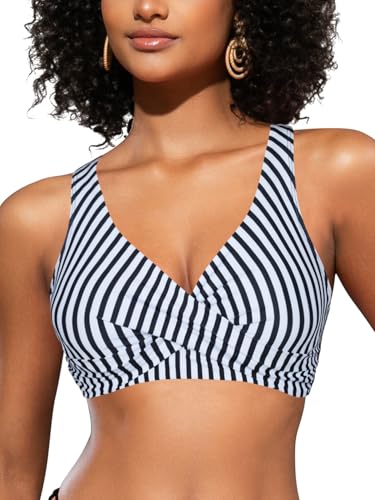 SHEKINI Damen Bikini Oberteil Crossover Plissee Rückenfrei Push Up Verstellbar V-Ausschnitt Strandkleidung（XL，Streifen） von SHEKINI