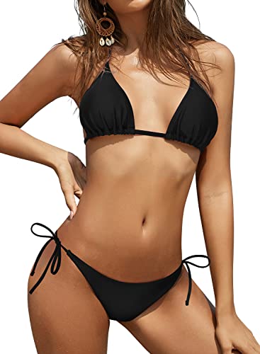 SHEKINI Damen-Bikini-Set, Triangel, Neckholder, Schnürung, Badeanzug, sexy Badeanzüge, niedrige Taille, seitliche Unterseite, zweiteilige Bademode, Schwarz , L von SHEKINI