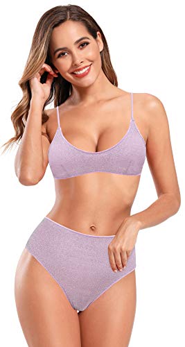 SHEKINI Damen Bikini Set Bademode Sportlich Neckholder Bikinioberteil Modisch Elegant Zweiteiliger Badeanzug Glänzend Hohe Taille Bikinihose Strandkleidung (Helles Lila, M) von SHEKINI