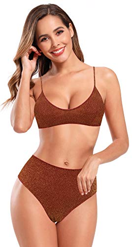 SHEKINI Damen Bikini Set Bademode Sportlich Neckholder Bikinioberteil Modisch Elegant Zweiteiliger Badeanzug Glänzend Hohe Taille Bikinihose Strandkleidung (Rost rot, S) von SHEKINI