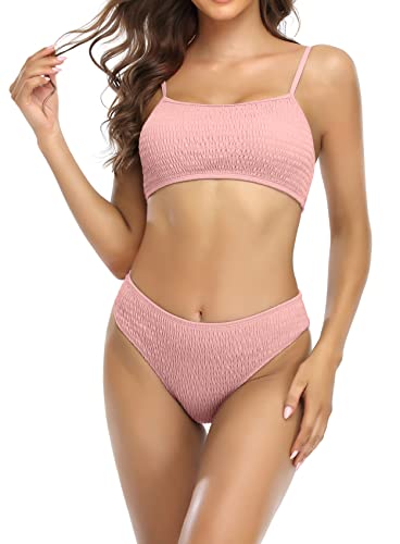 SHEKINI Damen Bikini-Set Bademode Sportlich Weste Plissee Bikinioberteil Rückenfrei Verstellbarer Zweiteiliger Badeanzug für Frauen Niedrige Taille Bikinihose Badeanzüge (L, Rosa) von SHEKINI