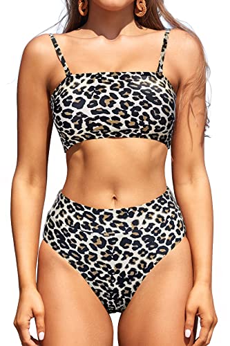 SHEKINI Damen Bikini Set Bandeau Abnehmbar verstellbar Schnürung Bikinioberteil Zweiteiliger Badeanzug mit High Waist Bauchweg Bikinihose Bademode（M，Leopard-2） von SHEKINI