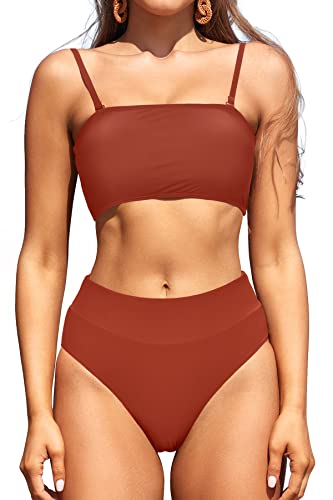 SHEKINI Damen Bikini Set Bandeau Abnehmbar verstellbar Schnürung Bikinioberteil Zweiteiliger Badeanzug mit High Waist Bauchweg Bikinihose Bademode(S, Rostrot) von SHEKINI