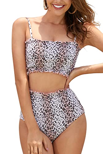 SHEKINI Damen Bikini Set Bandeau Bikinioberteil High Waist Bauchweg Bikinihose Ruched Zweiteiliger Badeanzug Strandmode (Large, Leopard) von SHEKINI