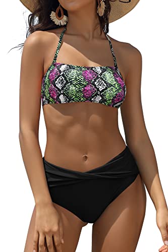 SHEKINI Damen Bikini Set Bandeau Verstellbar Neckholder Bikinioberteil Rückenfrei Triangel High Waist Bikinihose Bademode（S, Schwarz B von SHEKINI