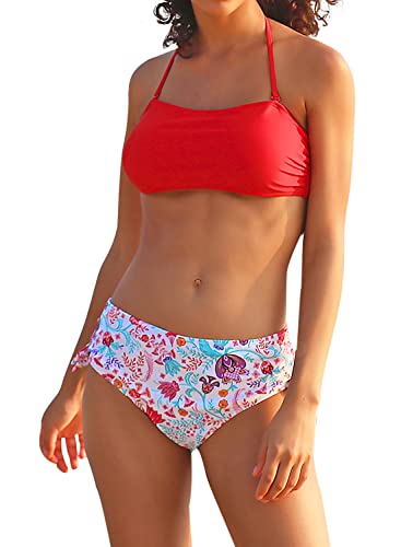 SHEKINI Damen Bikini Set Rückenfrei Bandeau Verstellbarer Neckholder Bikinioberteil Elegant Zweiteiliger Badeanzug Hohe Taille Bikinihose Bademode(X-Large, Blumendruck-Rot) von SHEKINI