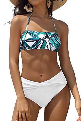 SHEKINI Damen Bikini Set Bandeau Verstellbar Neckholder Bikinioberteil Rückenfrei Triangel High Waist Bikinihose Bademode（S, Weiß B von SHEKINI