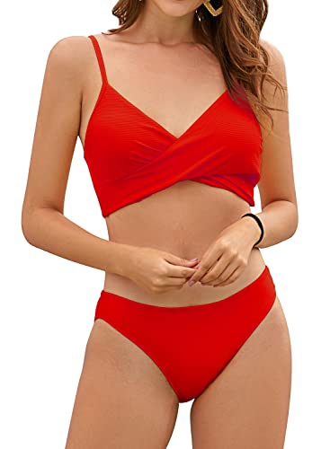 SHEKINI Damen Bikini-Set Crossover Design Bikini Gerippt Neckholder Oberteil Verstellbarer Schultergurt Badeanzüge Zweiteiliger Triangle Bikinihose Bademode (L, Rot) von SHEKINI