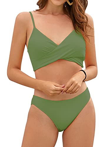 SHEKINI Damen Bikini-Set Crossover Design Bikini Gerippt Neckholder Oberteil Verstellbarer Schultergurt Badeanzüge Zweiteiliger Triangle Bikinihose Bademode (S, Erbsengrün) von SHEKINI