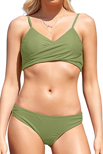 SHEKINI Damen Bikini-Set Crossover Design Bikini Gerippt Neckholder Oberteil Verstellbarer Schultergurt Badeanzüge Zweiteiliger Triangle Bikinihose Bademode (XL, Erbsengrün) von SHEKINI