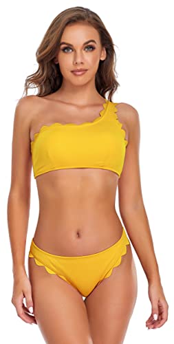 SHEKINI Damen Bikini Set Eine Schulter Bandeau Bikinioberteil Wellenkante Zweiteiliger Badeanzug Niedrige Taille Triangel Bikinihose(M,Gelb) von SHEKINI