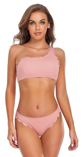 SHEKINI Damen Bikini Set Eine Schulter Bandeau Bikinioberteil Wellenkante Zweiteiliger Badeanzug Niedrige Taille Triangel Bikinihose(XL,Rosa) von SHEKINI