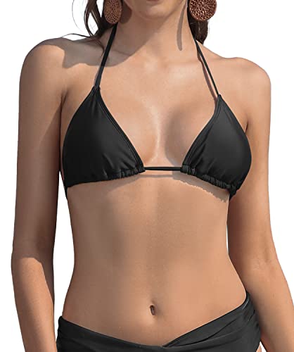 SHEKINI Damen Bikini Sliding Klassischer Triangel Rückenfrei Verstellbarer Ties Up Bikinioberteil (M, Bikini Top -Schwarz) von SHEKINI
