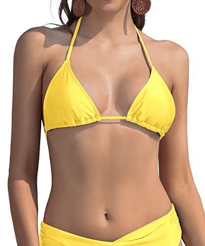 SHEKINI Damen Bikini Sliding Klassischer Triangel Rückenfrei Verstellbarer Ties Up Bikinioberteil (S, Bikini Top -Gelb) von SHEKINI